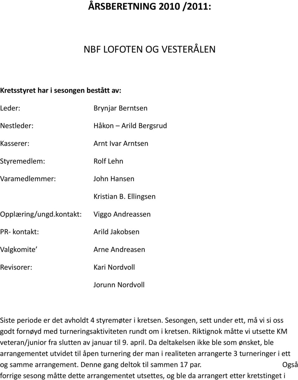 kontakt: PR- kontakt: Valgkomite Revisorer: Viggo Andreassen Arild Jakobsen Arne Andreasen Kari Nordvoll Jorunn Nordvoll Siste periode er det avholdt 4 styremøter i kretsen.