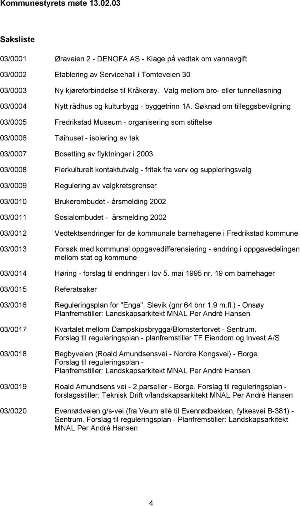 Søknad om tilleggsbevilgning 03/0005 Fredrikstad Museum - organisering som stiftelse 03/0006 Tøihuset - isolering av tak 03/0007 Bosetting av flyktninger i 2003 03/0008 Flerkulturelt kontaktutvalg -