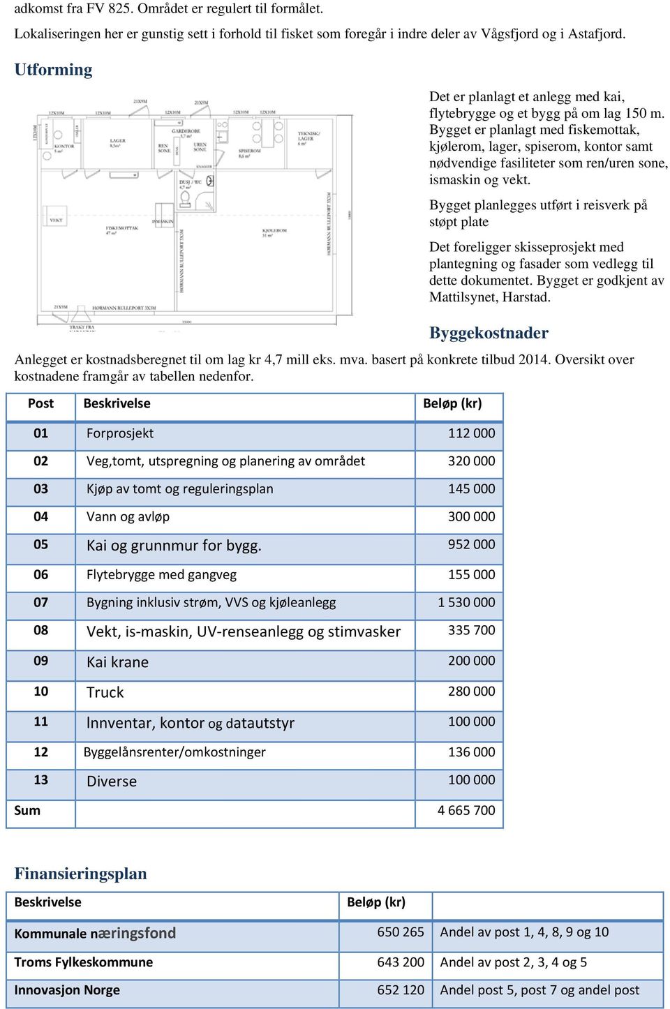 Bygget er planlagt med fiskemottak, kjølerom, lager, spiserom, kontor samt nødvendige fasiliteter som ren/uren sone, ismaskin og vekt.