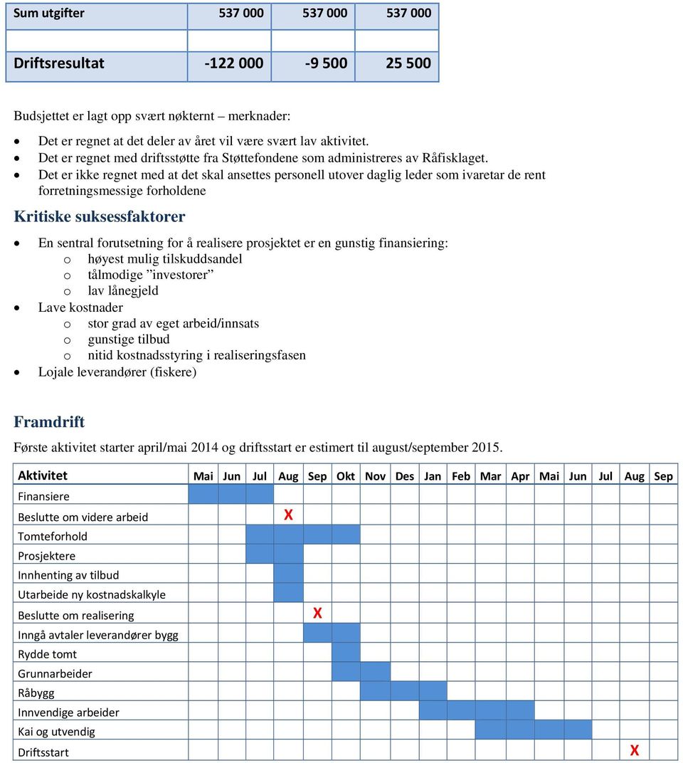 Det er ikke regnet med at det skal ansettes personell utover daglig leder som ivaretar de rent forretningsmessige forholdene Kritiske suksessfaktorer En sentral forutsetning for å realisere