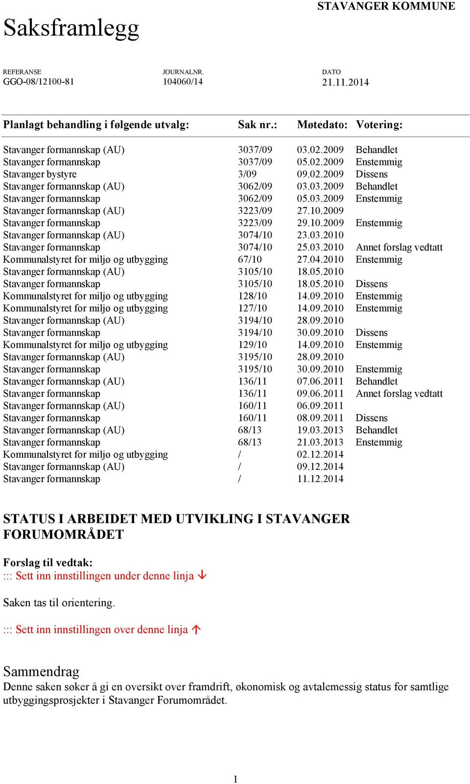 03.2009 Enstemmig Stavanger formannskap (AU) 3223/09 27.10.2009 Stavanger formannskap 3223/09 29.10.2009 Enstemmig Stavanger formannskap (AU) 3074/10 23.03.2010 Stavanger formannskap 3074/10 25.03.2010 Annet forslag vedtatt Kommunalstyret for miljø og utbygging 67/10 27.