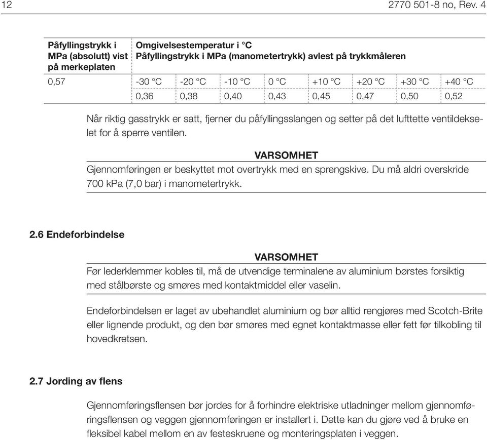 0,38 0,40 0,43 0,45 0,47 0,50 0,52 Når riktig gasstrykk er satt, fjerner du påfyllingsslangen og setter på det lufttette ventildekselet for å sperre ventilen.