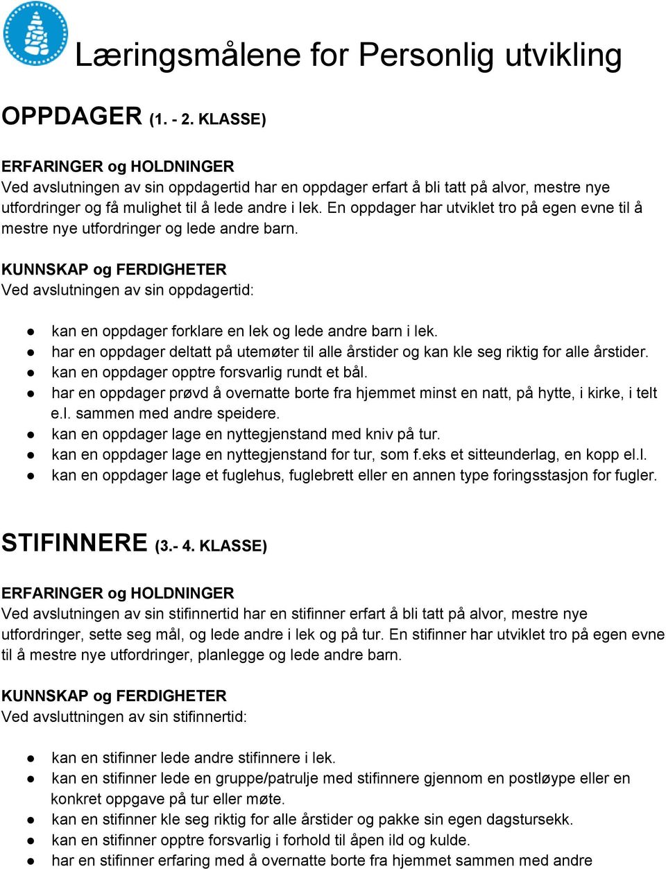 En oppdager har utviklet tro på egen evne til å mestre nye utfordringer og lede andre barn. Ved avslutningen av sin oppdagertid: kan en oppdager forklare en lek og lede andre barn i lek.