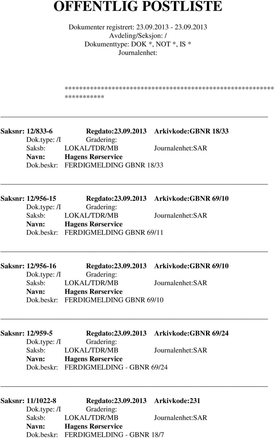 beskr: FERDIGMELDING GBNR 69/10 Saksnr: 12/959-5 Regdato:23.09.2013 Arkivkode:GBNR 69/24 Saksb: LOKAL/TDR/MB SAR Hagens Rørservice Dok.