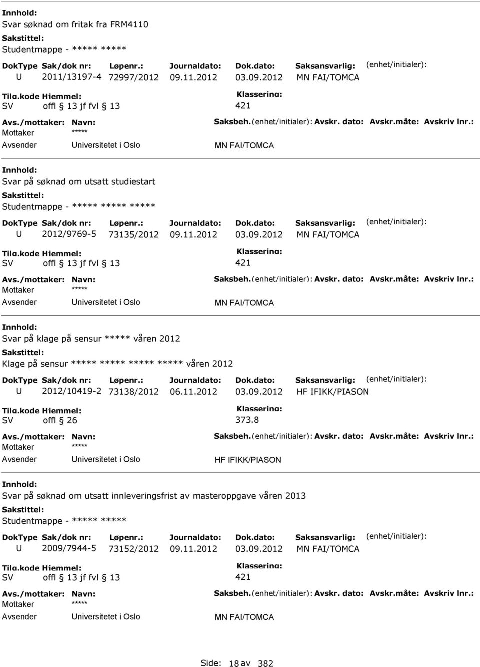 dato: Avskr.måte: Avskriv lnr.: niversitetet i Oslo MN FA/TOMCA Svar på klage på sensur ***** våren 2012 Klage på sensur ***** ***** ***** ***** våren 2012 2012/10419-2 73138/2012 03.09.