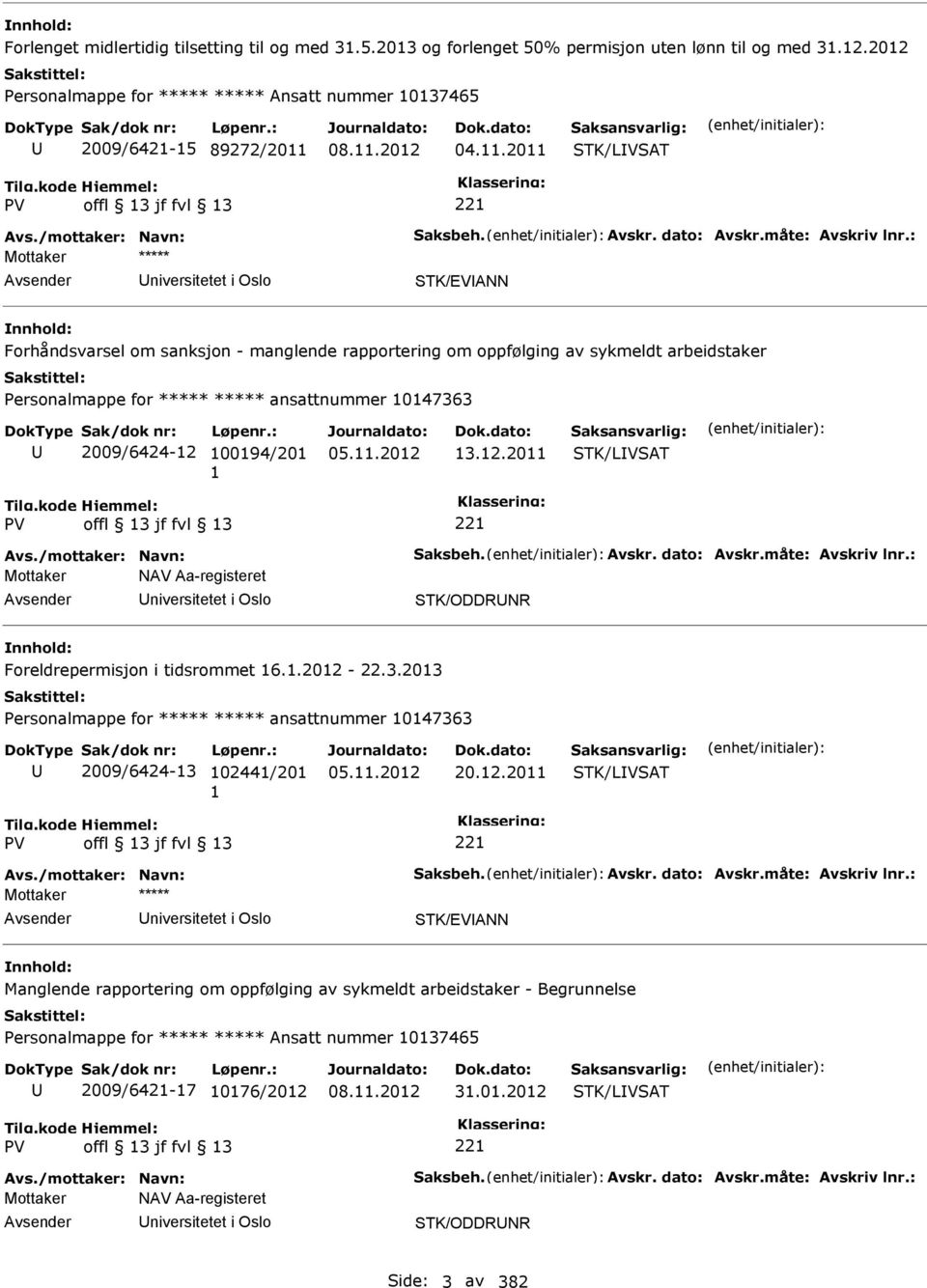 : niversitetet i Oslo STK/EVANN Forhåndsvarsel om sanksjon - manglende rapportering om oppfølging av sykmeldt arbeidstaker Personalmappe for ***** ***** ansattnummer 10147363 2009/6424-12 100194/201