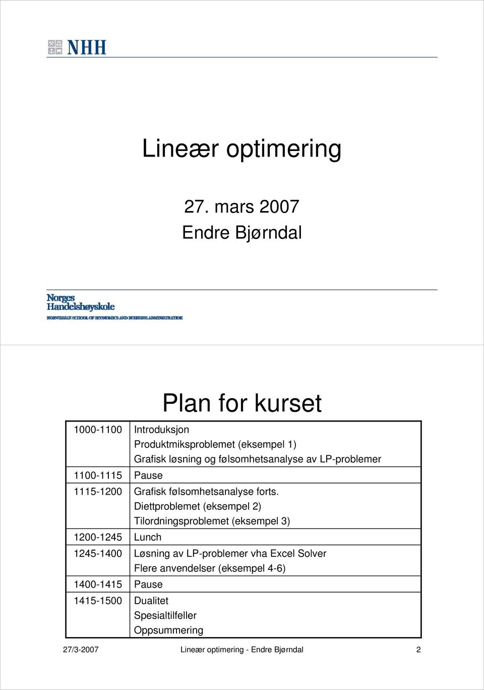 Produktmiksproblemet (eksempel 1) Grafisk løsning og følsomhetsanalyse av LP-problemer Pause Grafisk følsomhetsanalyse forts.