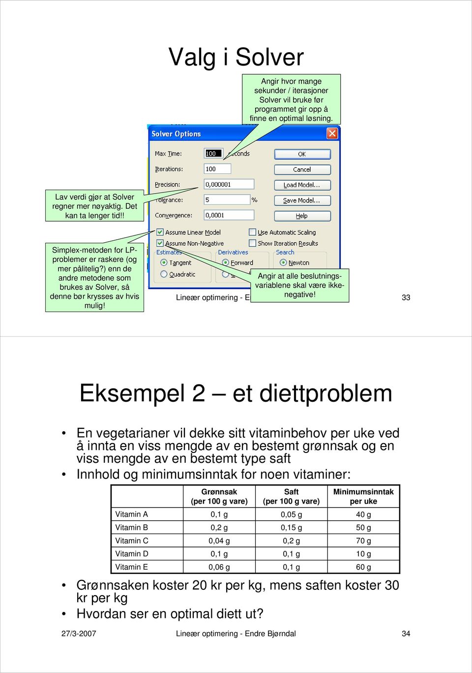 ) enn de andre metodene som Angir at alle beslutningsvariablene brukes av Solver, så skal være ikke- denne 27/3-2007 bør krysses av hvis Lineær optimering - Endre Bjørndal negative! 33 mulig!