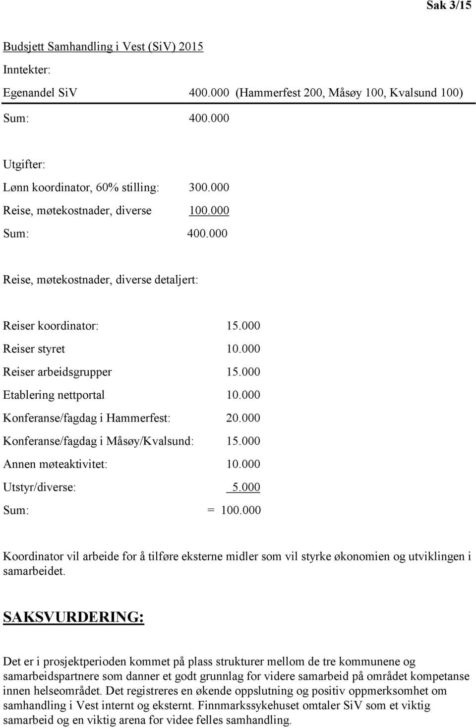000 Konferanse/fagdag i Hammerfest: 20.000 Konferanse/fagdag i Måsøy/Kvalsund: 15.000 Annen møteaktivitet: 10.000 Utstyr/diverse: 5.000 Sum: = 100.