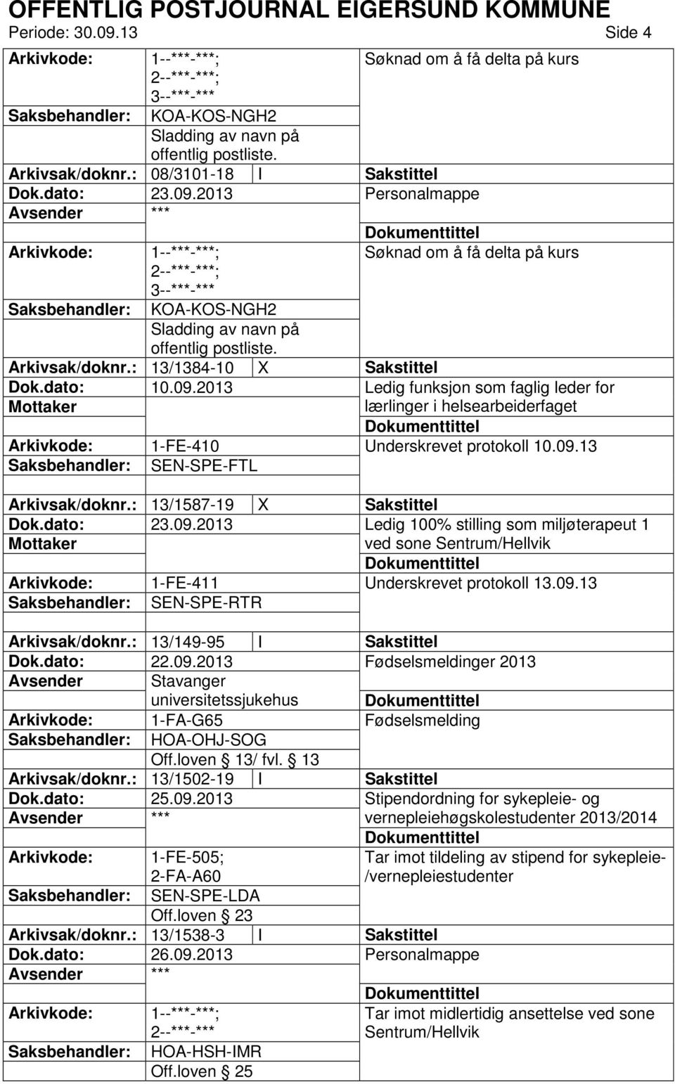 2013 1-FE-410 SEN-SPE-FTL Søknad om å få delta på kurs Ledig funksjon som faglig leder for lærlinger i helsearbeiderfaget Underskrevet protokoll 10.09.13 Arkivsak/doknr.: 13/1587-19 X Sakstittel Dok.