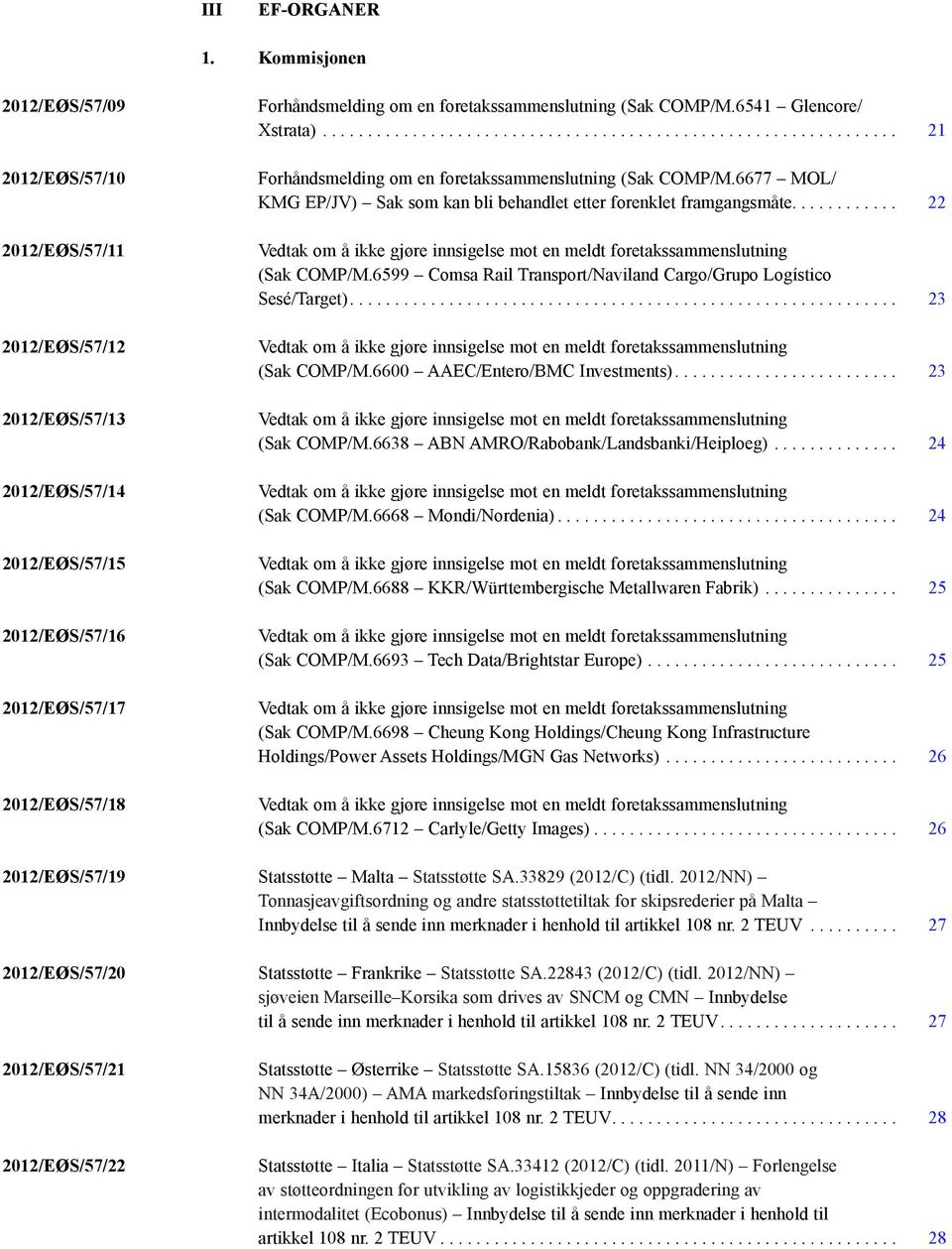 foretakssammenslutning (Sak COMP/M.6541 Glencore/ Xstrata).... 21 Forhåndsmelding om en foretakssammenslutning (Sak COMP/M.6677 MOL/ KMG EP/JV) Sak som kan bli behandlet etter forenklet framgangsmåte.