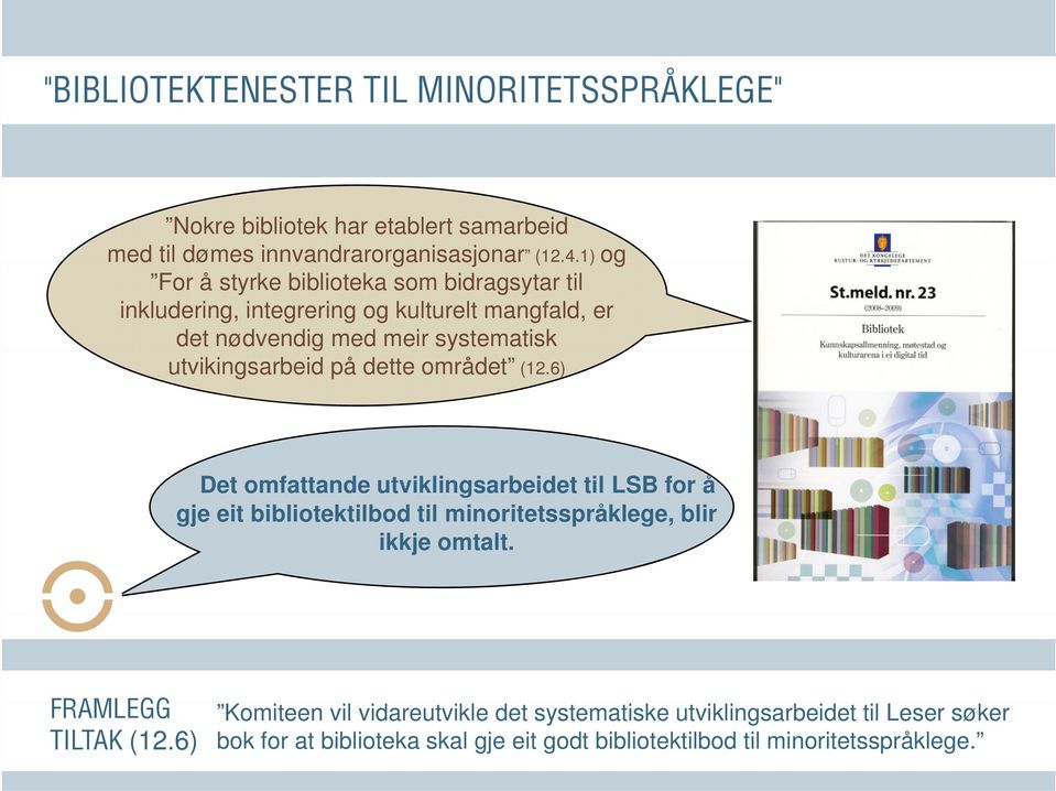 på dette området (12.6) Det omfattande utviklingsarbeidet til LSB for å gje eit bibliotektilbod til minoritetsspråklege, blir ikkje omtalt.