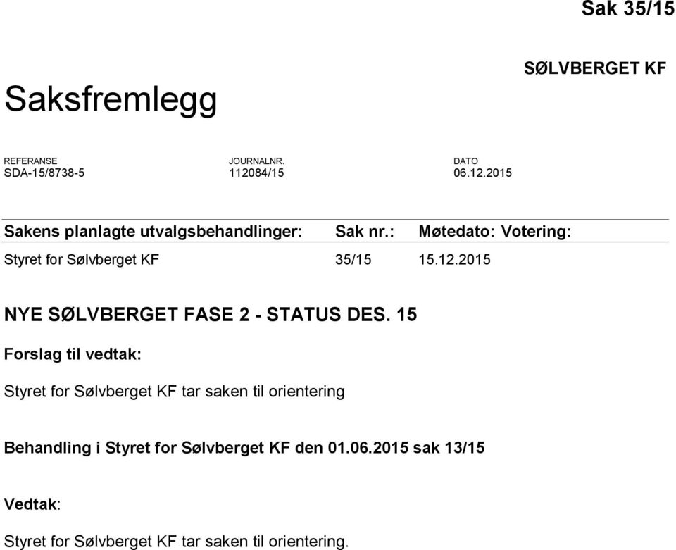 : Møtedato: Votering: Styret for Sølvberget KF 35/15 15.12.2015 NYE SØLVBERGET FASE 2 - STATUS DES.