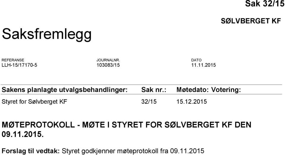 : Møtedato: Votering: Styret for Sølvberget KF 32/15 15.12.