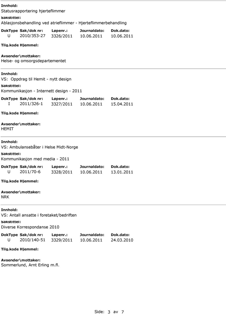 2011 HEMT VS: Ambulansebåter i Helse Midt-Norge Kommunikasjon med media - 2011 2011/70-6 3328/2011 13.01.2011 NRK VS: Antall ansatte i foretaket/bedriften Diverse Korrespondanse 2010 2010/140-51 3329/2011 24.