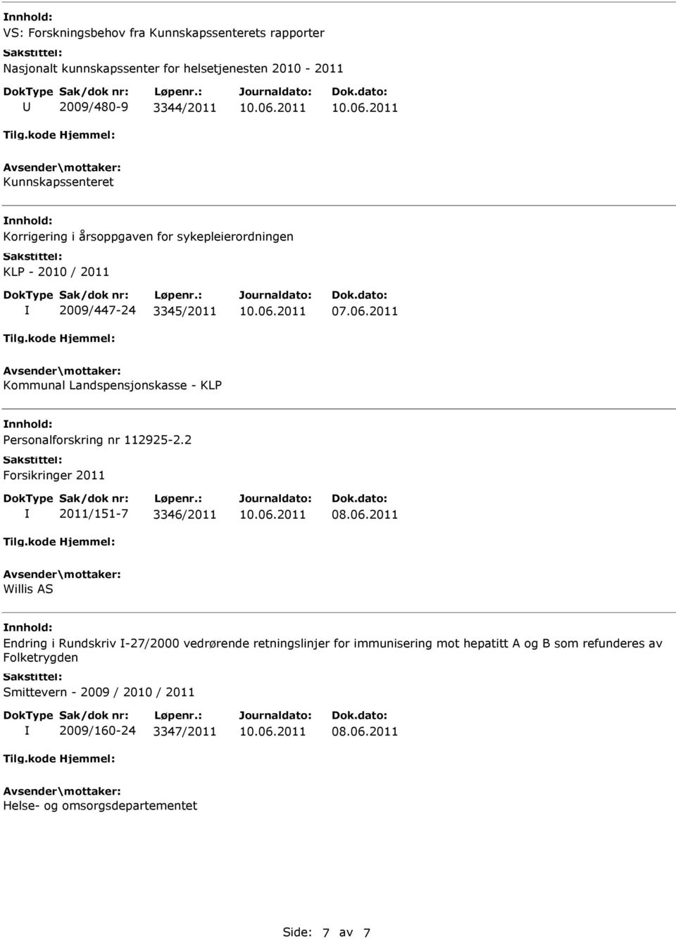 2011 Kommunal Landspensjonskasse - KLP Personalforskring nr 112925-2.2 Forsikringer 2011 2011/151-7 3346/2011 08.06.