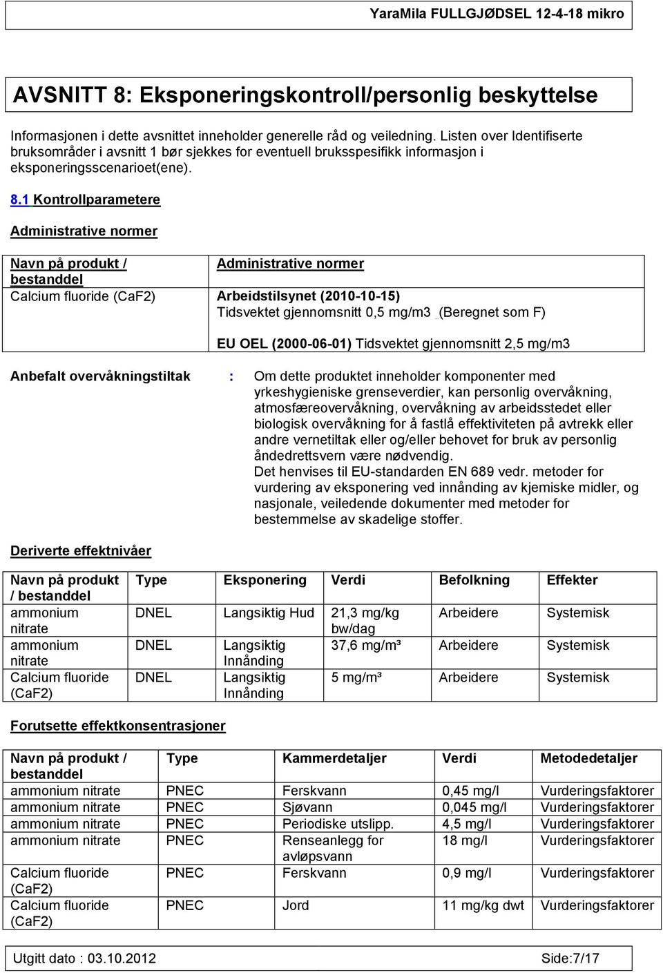1 Kontrollparametere Administrative normer Navn på produkt / Administrative normer bestanddel Calcium fluoride (CaF2) Arbeidstilsynet (2010-10-15) Tidsvektet gjennomsnitt 0,5 mg/m3 (Beregnet som F)
