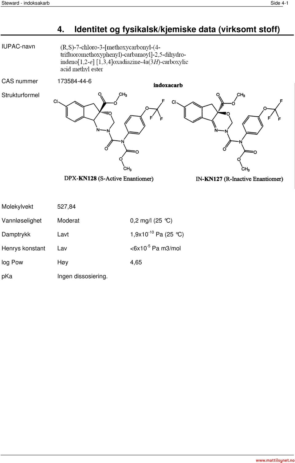 Strukturformel Molekylvekt 527,84 Vannløselighet Moderat 0,2 mg/l (25 C)