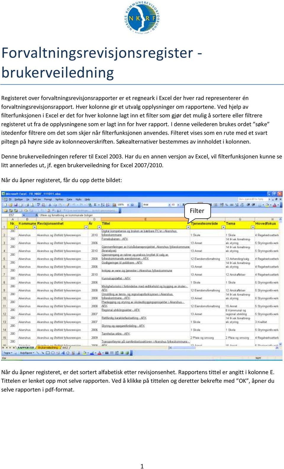 Ved hjelp av filterfunksjonen i Excel er det for hver kolonne lagt inn et filter som gjør det mulig å sortere eller filtrere registeret ut fra de opplysningene som er lagt inn for hver rapport.