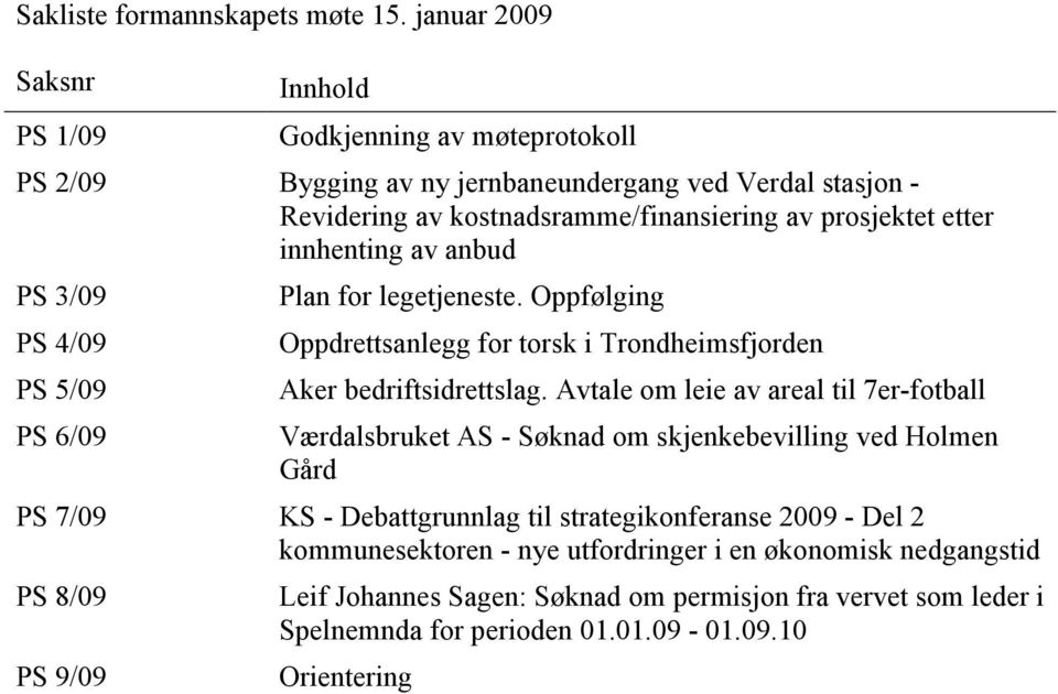 etter innhenting av anbud PS 3/09 PS 4/09 PS 5/09 PS 6/09 Plan for legetjeneste. Oppfølging Oppdrettsanlegg for torsk i Trondheimsfjorden Aker bedriftsidrettslag.
