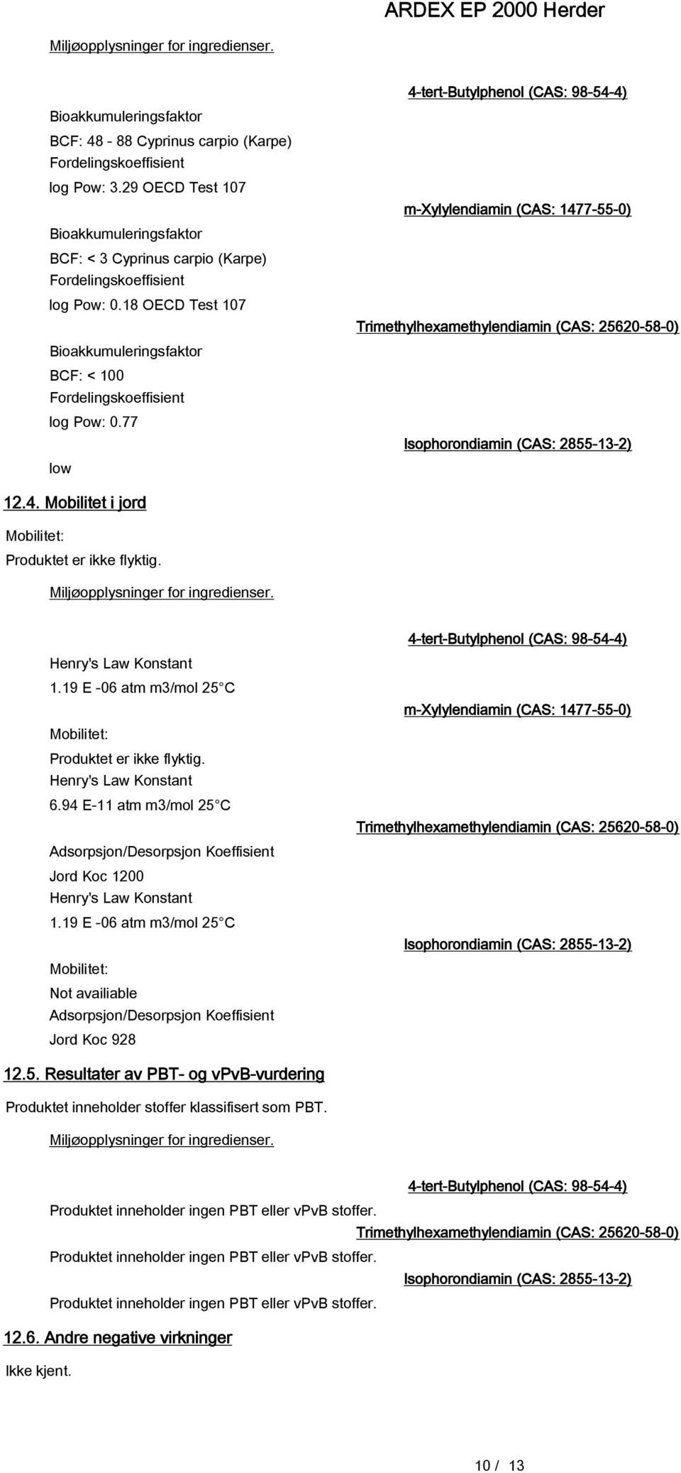 77 low 4-tert-Butylphenol (CAS: 98-54-4) m-xylylendiamin (CAS: 1477-55-0) Trimethylhexamethylendiamin (CAS: 25620-58-0) 12.4. Mobilitet i jord Mobilitet: Produktet er ikke flyktig.