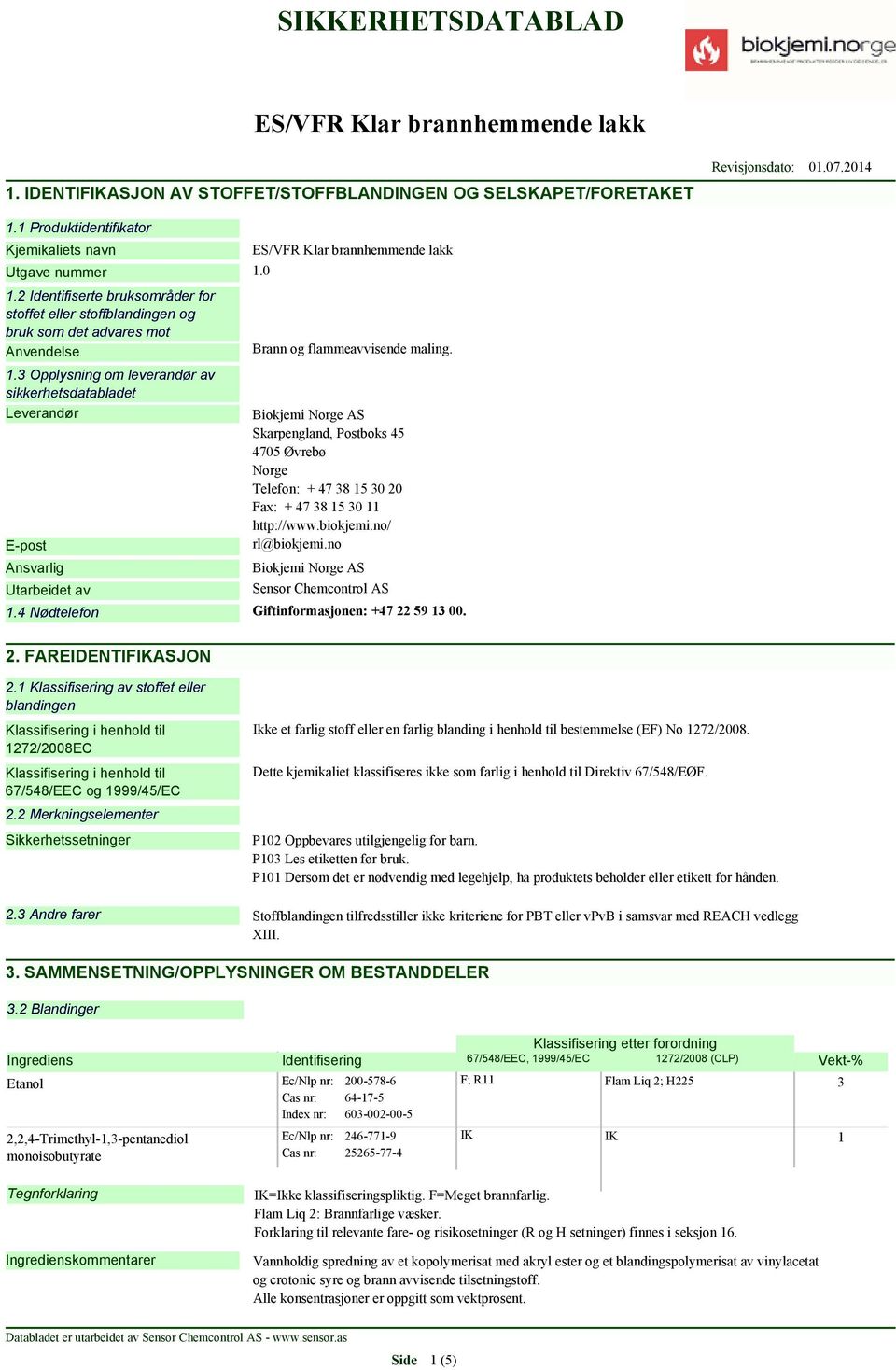 3 Opplysning om leverandør av sikkerhetsdatabladet Leverandør E-post Ansvarlig Utarbeidet av Brann og flammeavvisende maling.