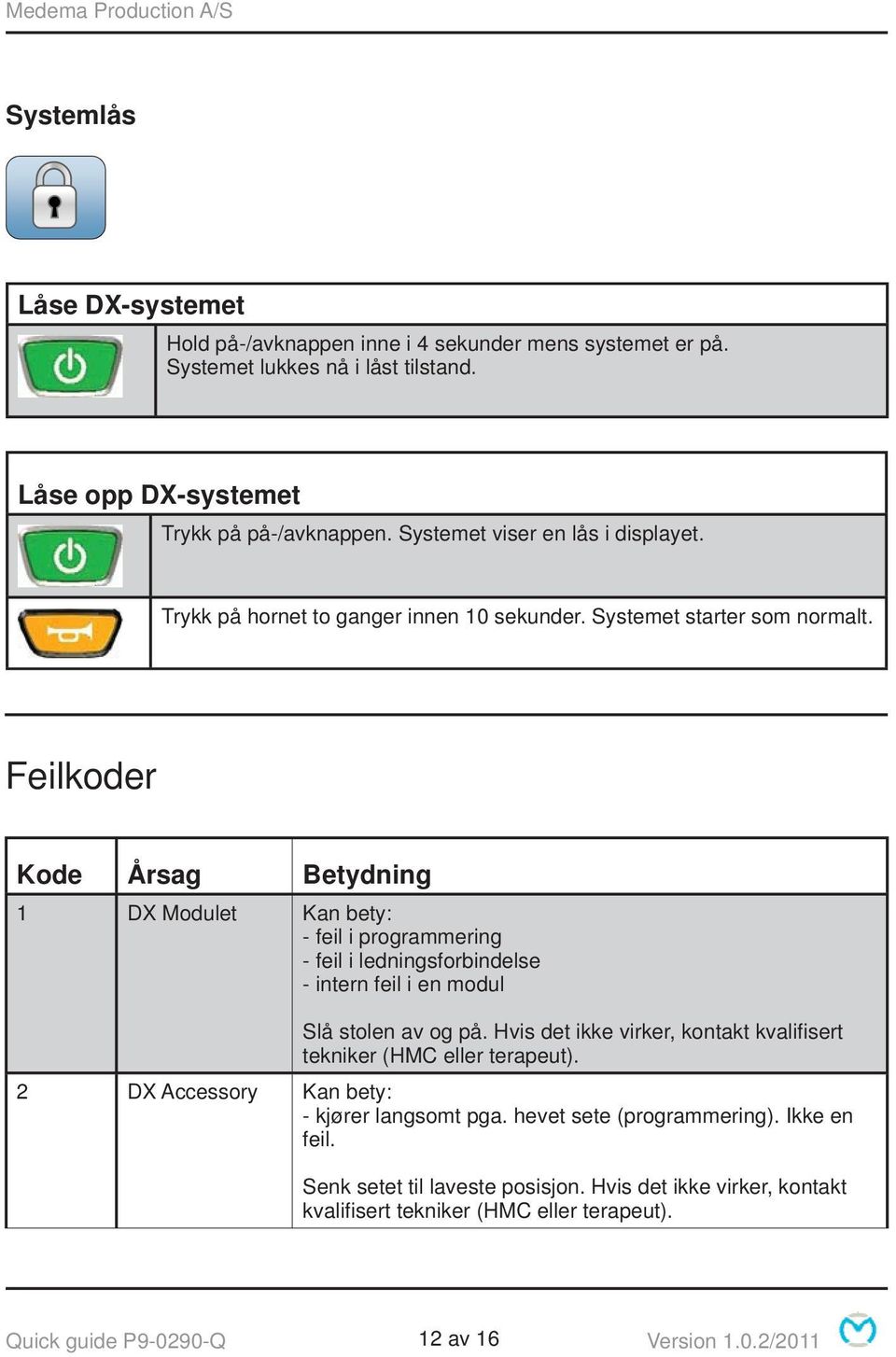 Feilkoder Kode Årsag Betydning 1 DX Modulet Kan bety: - feil i programmering - feil i ledningsforbindelse - intern feil i en modul Slå stolen av og på.