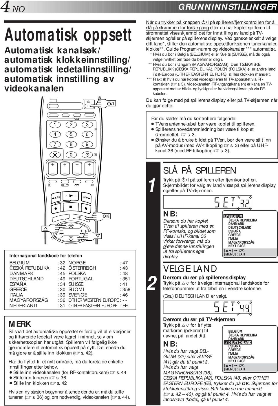 Ved ganske enkelt å velge ditt land*, stiller den automatiske oppsettfunksjonen tunerkanaler, klokke**, Guide Program-numre og videokanalen*** automatisk.