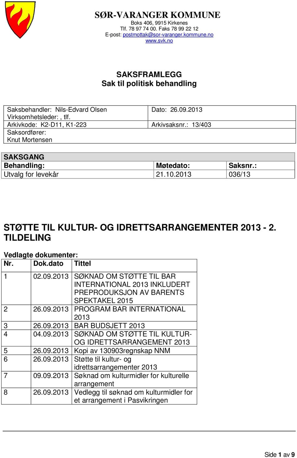 : 13/403 Saksordfører: Knut Mortensen SAKSGANG Behandling: Møtedato: Saksnr.: Utvalg for levekår 21.10.2013 036/13 STØTTE TIL KULTUR- OG IDRETTSARRANGEMENTER 2013-2. TILDELING Vedlagte dokumenter: Nr.