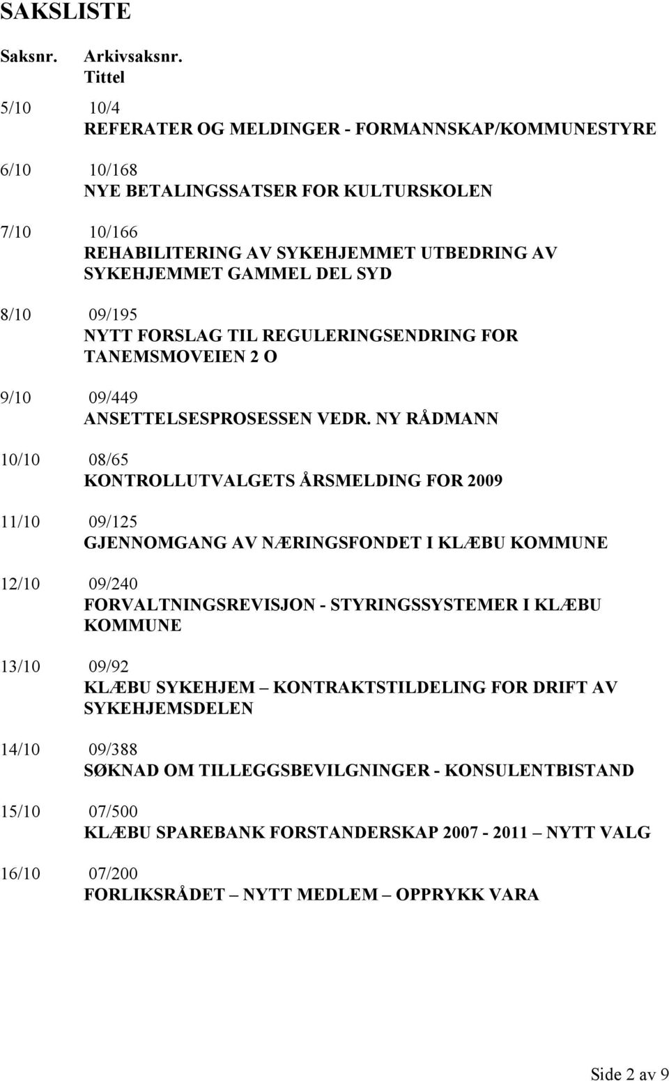 8/10 09/195 NYTT FORSLAG TIL REGULERINGSENDRING FOR TANEMSMOVEIEN 2 O 9/10 09/449 ANSETTELSESPROSESSEN VEDR.