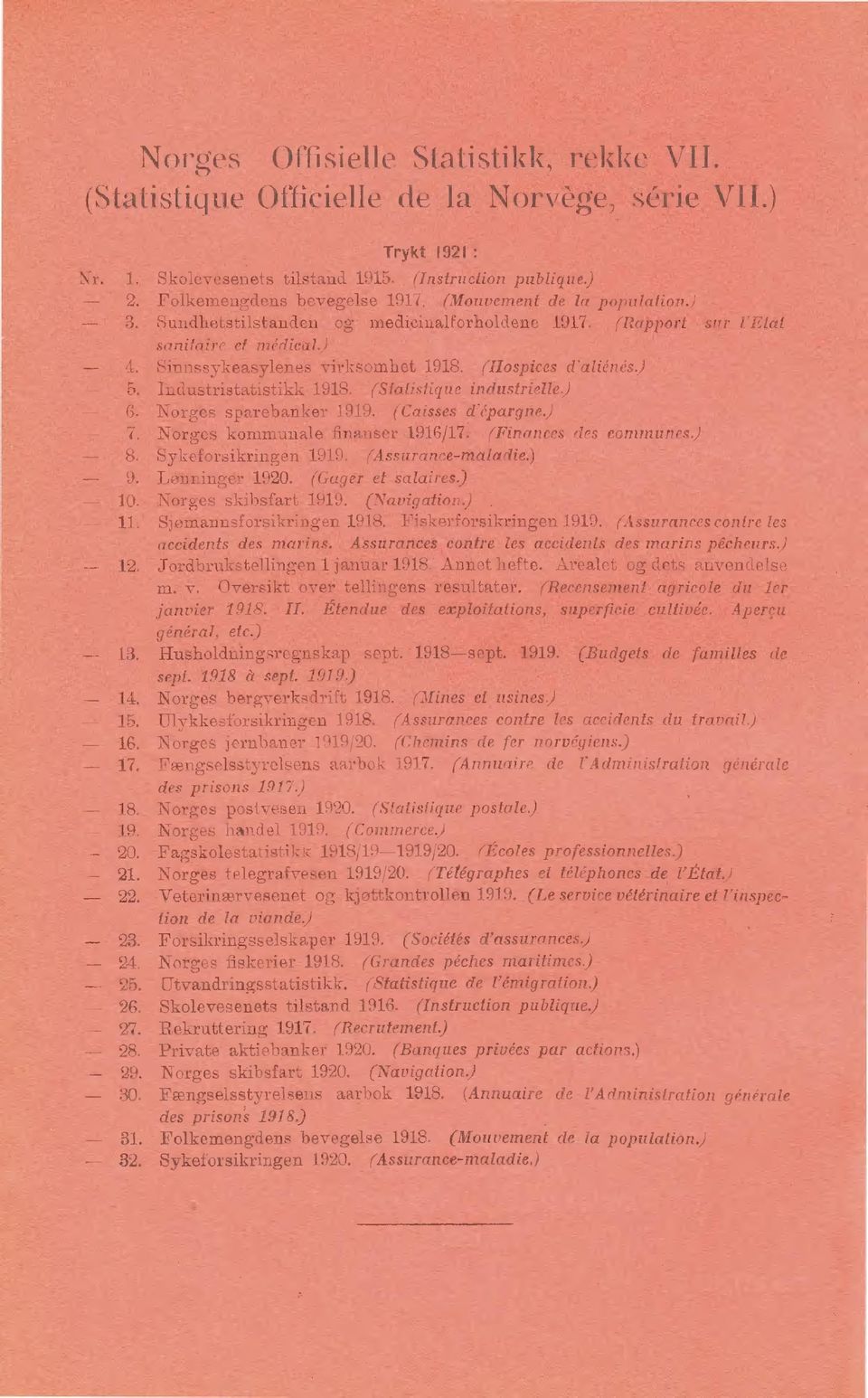 Industristatistikk 98. (Statistique industrielle) G. Norges sparebanker 99. (Caisses d'épargne.) 7. Norges kommunale finanser 96/7. (Finances des communes) 8. Sykeforsikringen 99. ( Assurancemaladie.