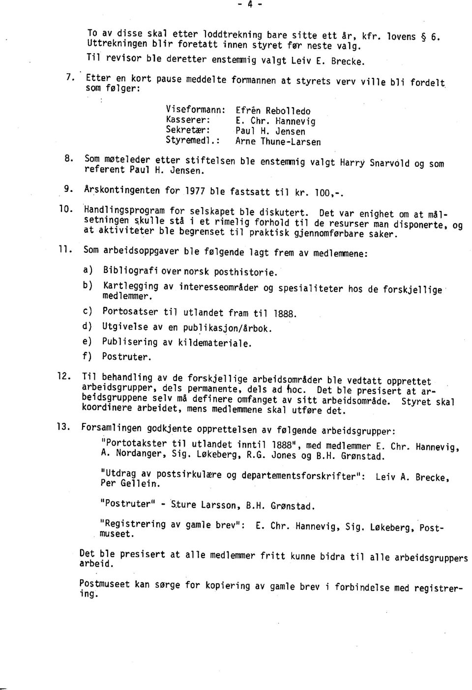 Som moteleder etter stiftelsen ble enstemmig valgt Harry Snarvold og som referent. 9. Arskontingenten for 1977 ble fastsatt til kr. 100,-. 10. Handlingsprogram for selskapet ble diskutert.