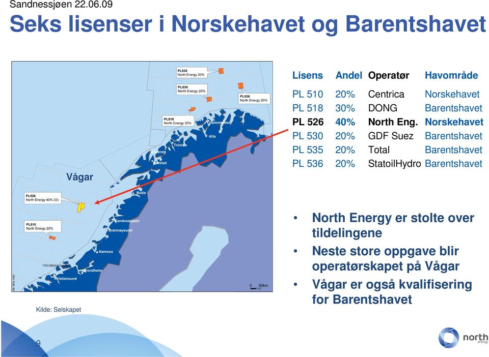 Norskehavet PL 530 20% GDF Suez Barentshavet PL 535 20% Total Barentshavet PL 536 20% StatoilHydro