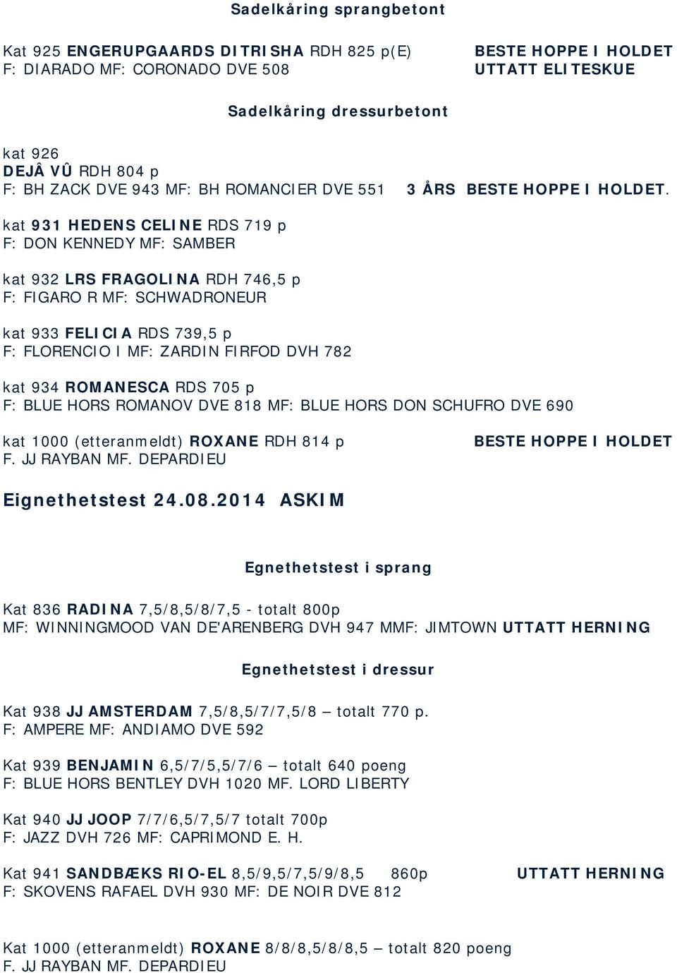 kat 931 HEDENS CELINE RDS 719 p F: DON KENNEDY MF: SAMBER kat 932 LRS FRAGOLINA RDH 746,5 p F: FIGARO R MF: SCHWADRONEUR kat 933 FELICIA RDS 739,5 p F: FLORENCIO I MF: ZARDIN FIRFOD DVH 782 kat 934