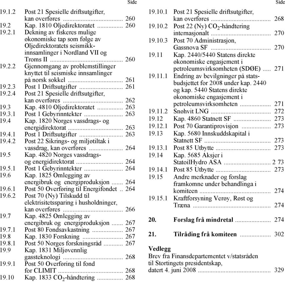 .. 262 19.3 Kap. 4810 Oljedirektoratet... 263 19.3.1 Post 1 Gebyrinntekter... 263 19.4 Kap. 1820 Norges vassdrags- og energidirektorat... 263 19.4.1 Post 1 Driftsutgifter... 263 19.4.2 Post 22 Sikrings- og miljøtiltak i vassdrag, kan overføres.