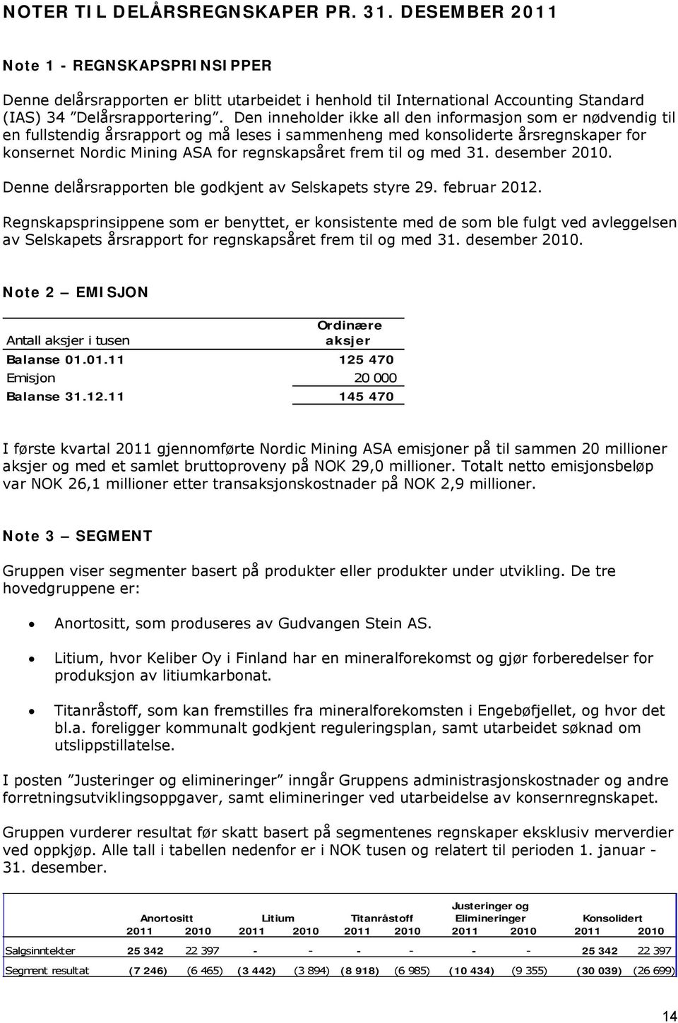 til og med 31. desember 2010. Denne delårsrapporten ble godkjent av Selskapets styre 29. februar 2012.