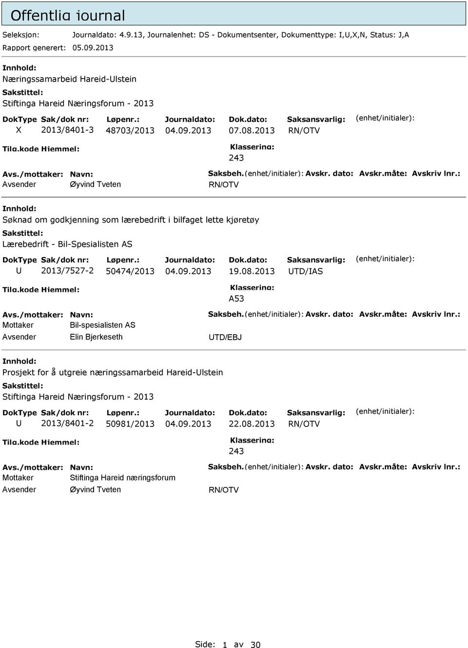 2013 RN/OTV 243 Øyvind Tveten RN/OTV Søknad om godkjenning som lærebedrift i bilfaget lette kjøretøy Lærebedrift - Bil-Spesialisten AS 2013/7527-2 50474/2013 19.08.