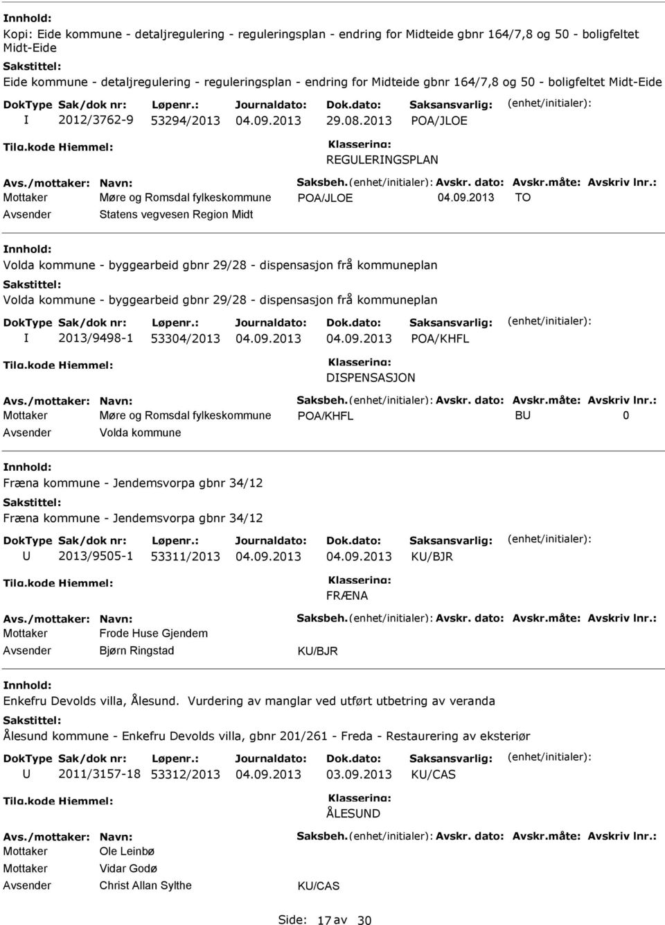 2013 POA/JLOE REGLERNGSPLAN Mottaker Møre og Romsdal fylkeskommune POA/JLOE TO Statens vegvesen Region Midt Volda kommune - byggearbeid gbnr 29/28 - dispensasjon frå kommuneplan Volda kommune -