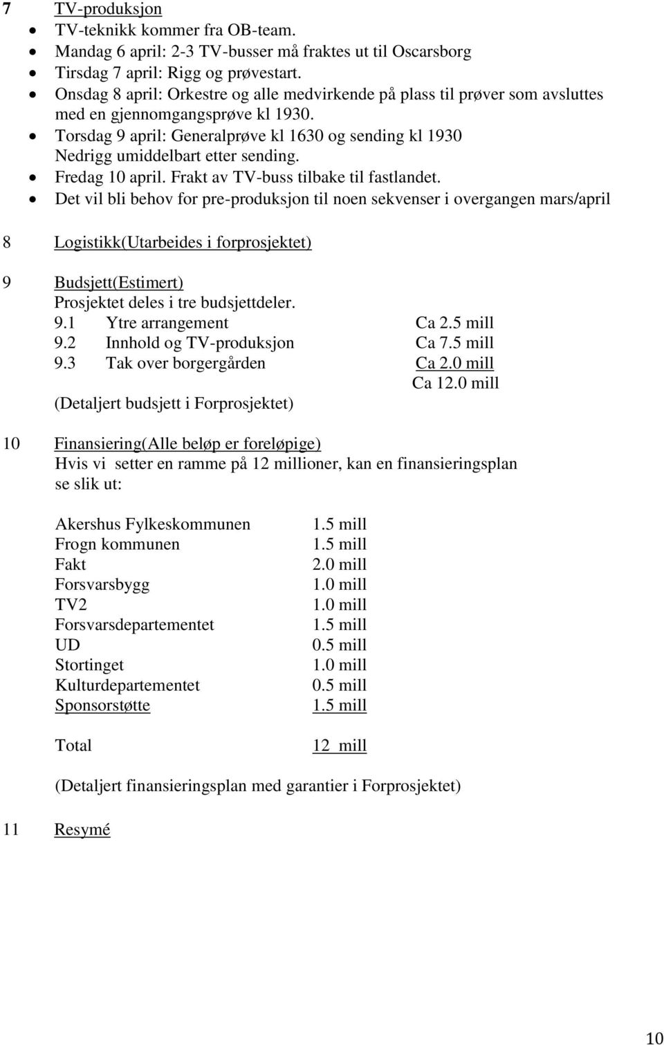 Torsdag 9 april: Generalprøve kl 1630 og sending kl 1930 Nedrigg umiddelbart etter sending. Fredag 10 april. Frakt av TV-buss tilbake til fastlandet.