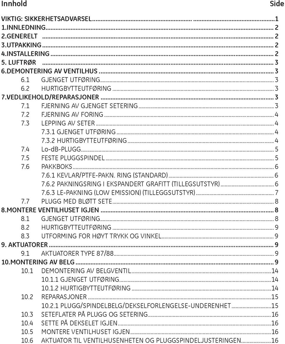 .. 5 7.5 FESTE PLUGGSPINDEL... 5 7.6 PAKKBOKS... 6 7.6.1 KEVLAR/PTFE-PAKN. RING (STANDARD)... 6 7.6.2 PAKNINGSRING I EKSPANDERT GRAFITT (TILLEGSUTSTYR)... 6 7.6.3 LE-PAKNING (LOW EMISSION) (TILLEGGSUTSTYR).