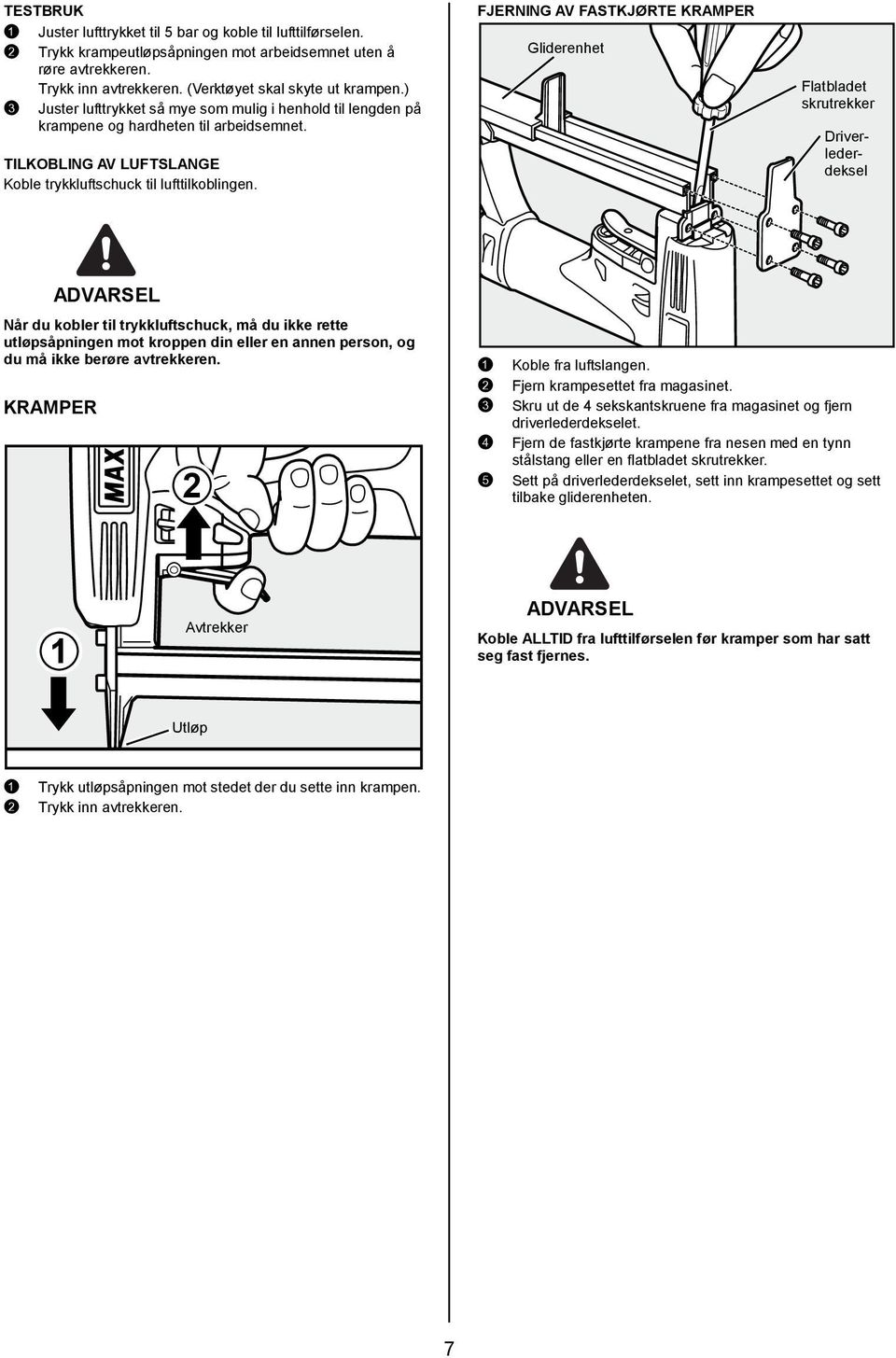 FJERNING AV FASTKJØRTE KRAMPER Gliderenhet Flatbladet skrutrekker Driverlederdeksel Når du kobler til trykkluftschuck, må du ikke rette utløpsåpningen mot kroppen din eller en annen person, og du må