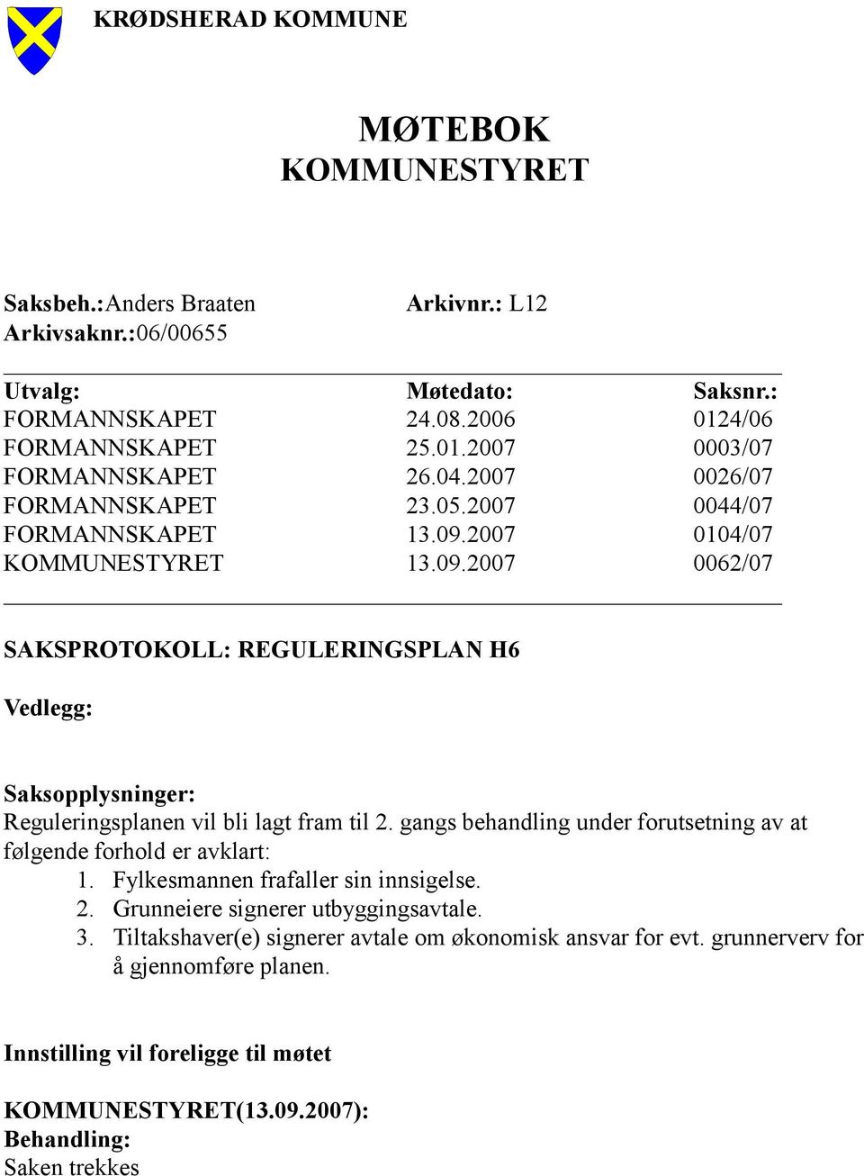 gangs behandling under forutsetning av at følgende forhold er avklart: 1. Fylkesmannen frafaller sin innsigelse. 2. Grunneiere signerer utbyggingsavtale. 3.