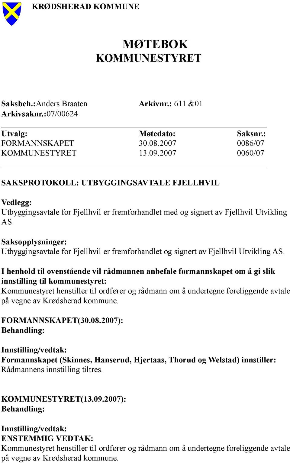 Saksopplysninger: Utbyggingsavtale for Fjellhvil er fremforhandlet og signert av Fjellhvil Utvikling AS.