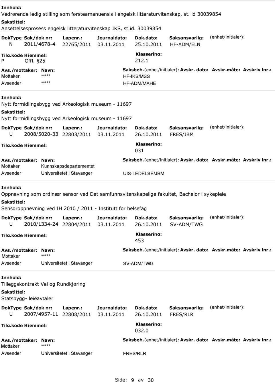 2011 FRE/JBM 031 Mottaker Kunnskapsdepartementet niversitetet i tavanger -LEDELE/JBM Oppnevning som ordinær sensor ved Det samfunnsvitenskapelige fakultet, Bachelor i sykepleie ensoroppnevning ved H