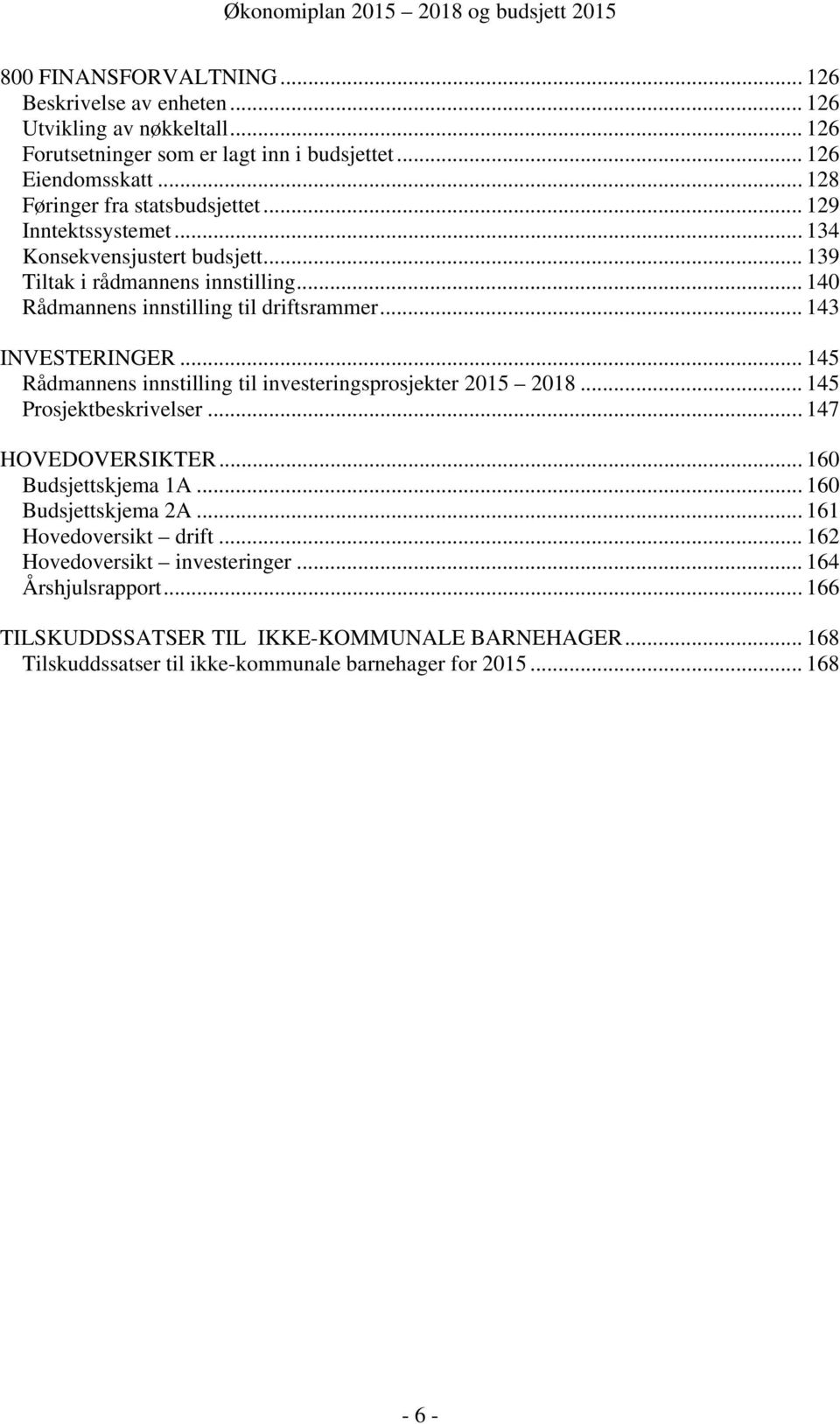 .. 143 INVESTERINGER... 145 Rådmannens innstilling til investeringsprosjekter 2015 2018... 145 Prosjektbeskrivelser... 147 HOVEDOVERSIKTER... 160 Budsjettskjema 1A.