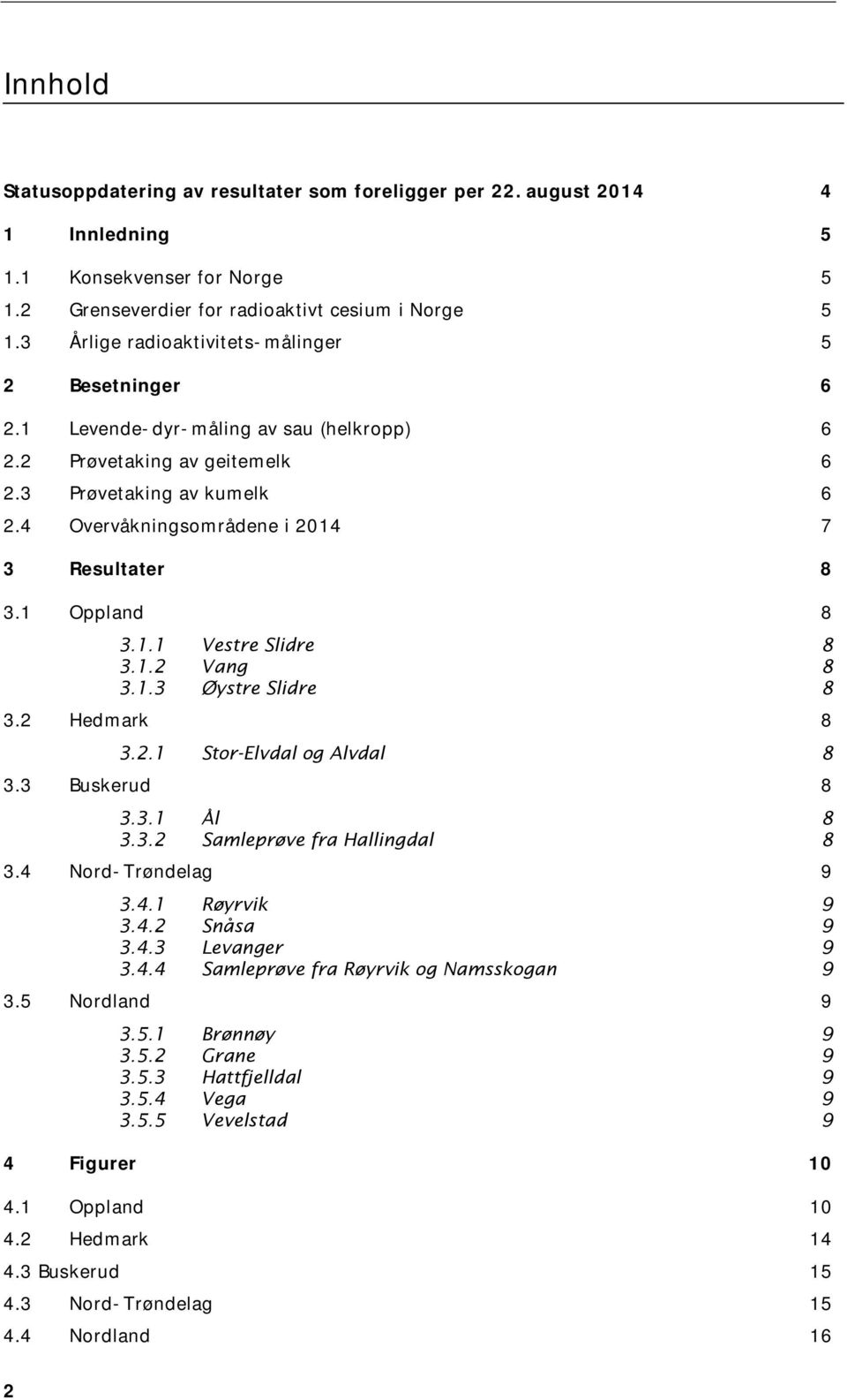 4 Overvåkningsområdene i 2014 7 3 Resultater 8 3.1 Oppland 8 3.1.1 Vestre Slidre 8 3.1.2 Vang 8 3.1.3 Øystre Slidre 8 3.2 Hedmark 8 3.2.1 Stor-Elvdal og Alvdal 8 3.3 Buskerud 8 3.3.1 Ål 8 3.3.2 Samleprøve fra Hallingdal 8 3.