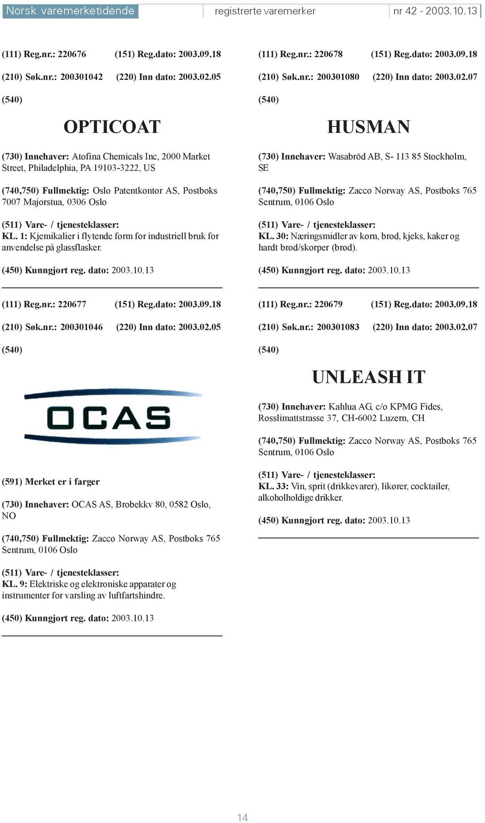 07 OPTICOAT HUSMAN (730) Innehaver: Atofina Chemicals Inc, 2000 Market Street, Philadelphia, PA 19103-3222, US (740,750) Fullmektig: Oslo Patentkontor AS, Postboks 7007 Majorstua, 0306 Oslo KL.