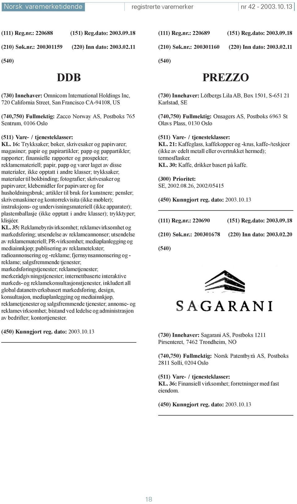 16: Trykksaker; bøker, skrivesaker og papirvarer; magasiner; papir og papirartikler; papp og pappartikler; rapporter; finansielle rapporter og prospekter; reklamemateriell; papir, papp og varer laget