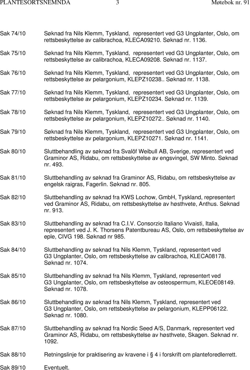 KLECA09210. Søknad nr. 1136. rettsbeskyttelse av calibrachoa, KLECA09208. Søknad nr. 1137. rettsbeskyttelse av pelargonium, KLEPZ10238.. Søknad nr. 1138. rettsbeskyttelse av pelargonium, KLEPZ10234.