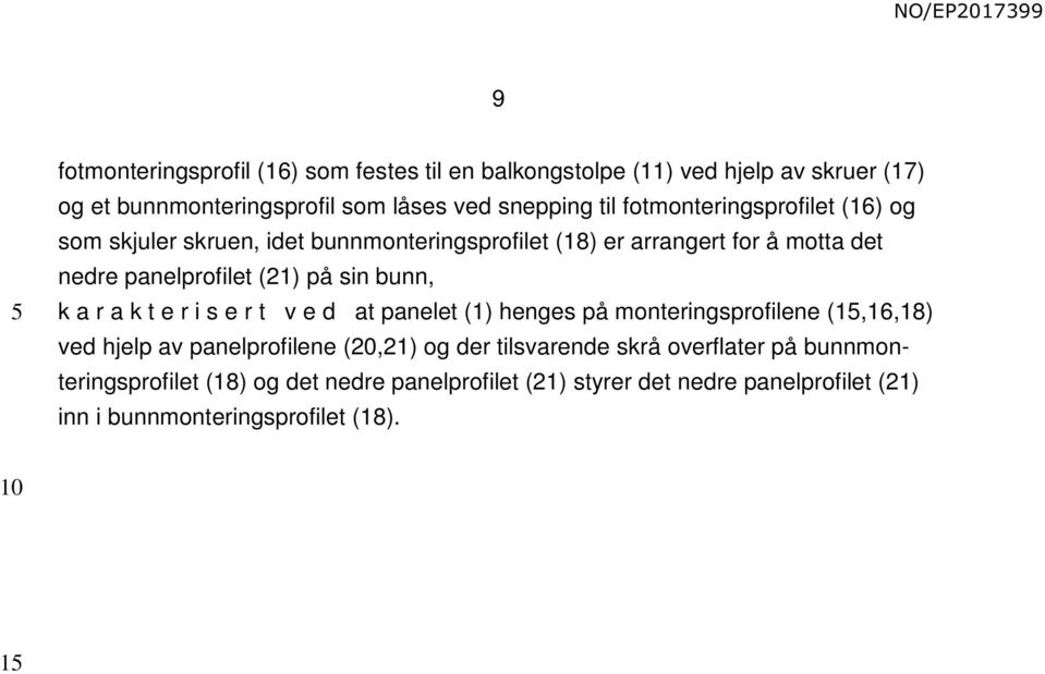 bunn, k a r a k t e r i s e r t v e d at panelet (1) henges på monteringsprofilene (1,16,18) ved hjelp av panelprofilene (,21) og der tilsvarende